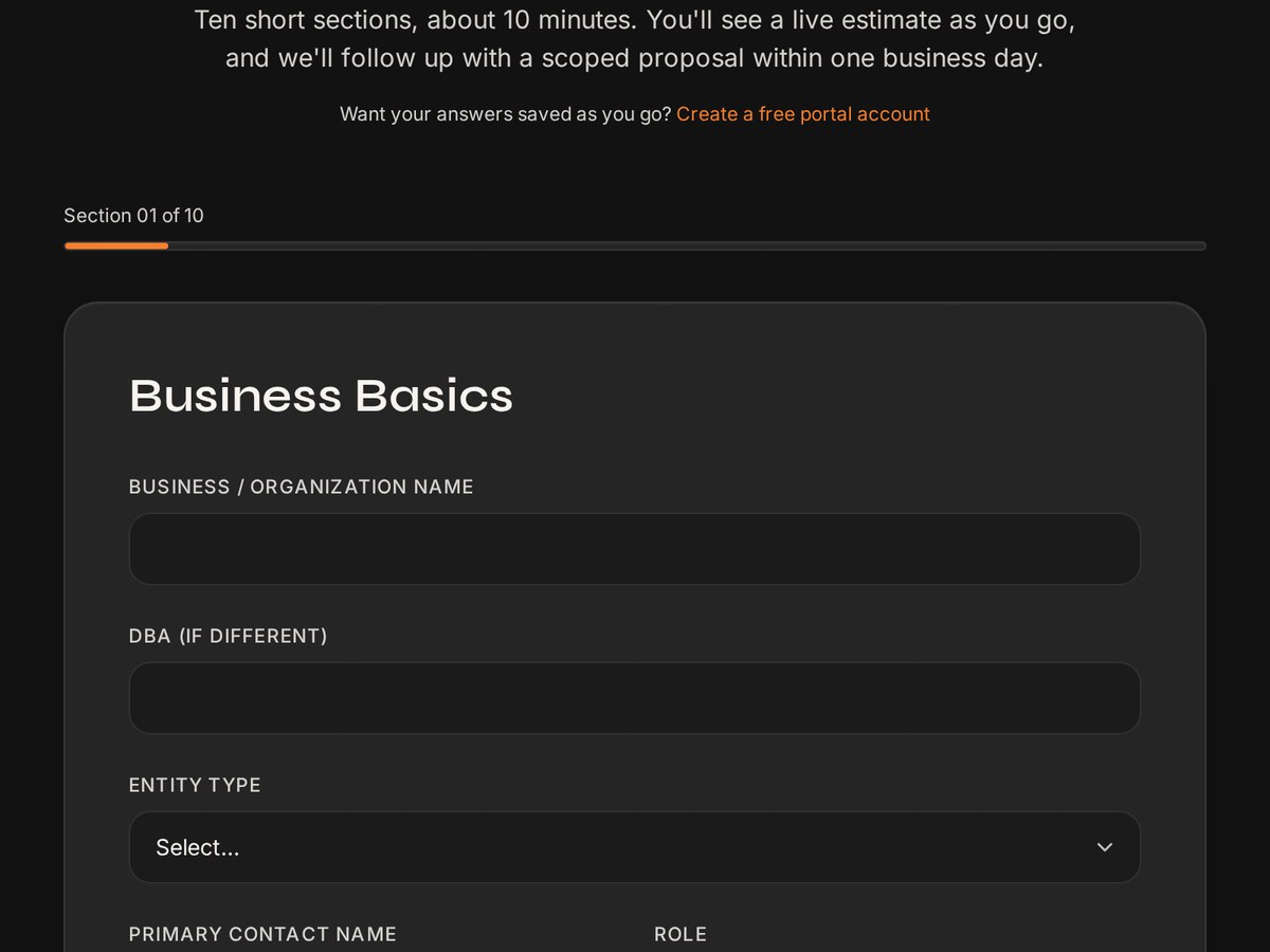 SelonyX client portal discovery questionnaire with live progress tracking